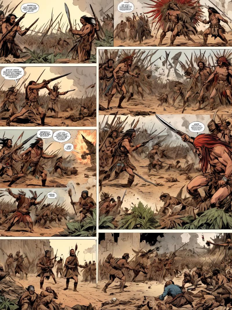 15474-2408533046-white border comic panel layout, multiple views, complexe collage, intricate extermination of natives war scene, 4 panels, europ.jpg